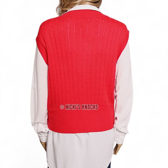 Sincerely Jules Red Cable Knit Sleeveless Sweater V-Neck Academia Preppy Size L - Picture 9 of 13